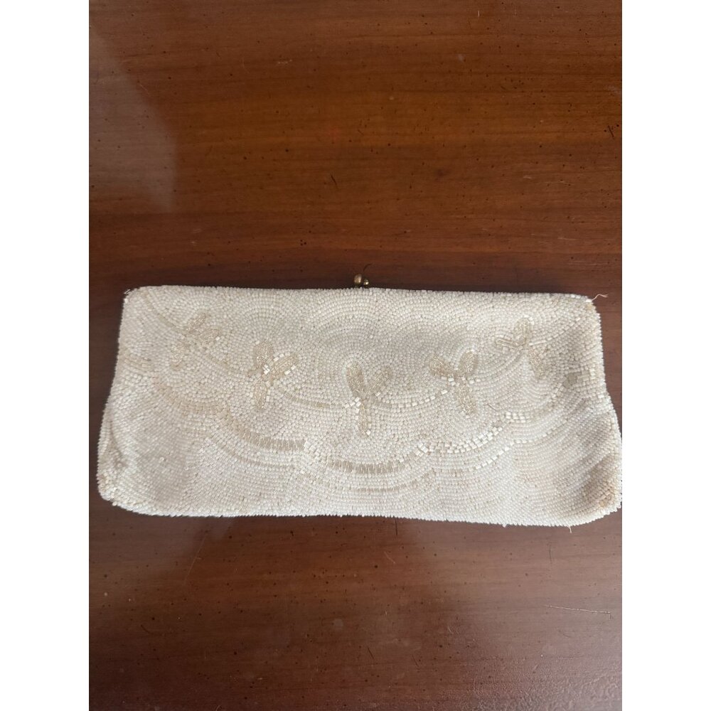 Vintage Walborg Belgium White Glass Beaded Clutch Purse Wedding with Hand Mirror